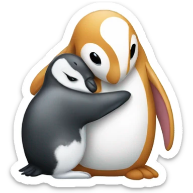 Lop eared rabbit hugging a penguin sticker