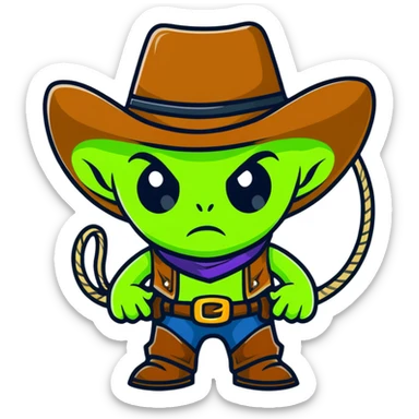 Green alien cowboy with cowboy hat and lasso sticker
