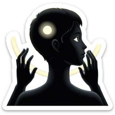 Un espejo con un brillo hipnótico en el centro de un espacio oscuro y una persona en silueta sticker