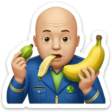 bald a bit fat man in a blue uniform eats a toxic green radioactive banana sticker