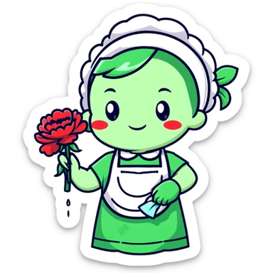 light green carnation flower with a messy apron and exhausted face, sweat dripping, holding a cleaning rag, super round chibi style sticker