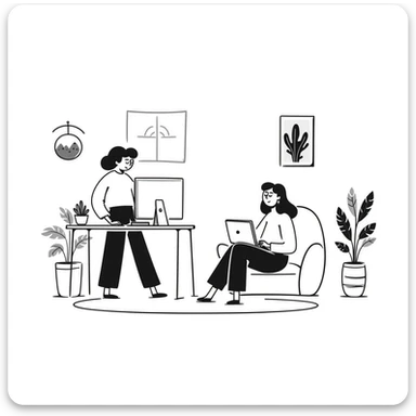 escenary 3d of a cozy mid-century living room with two people working on laptops, one man standing at a desk and one woman sitting on a couch, two walls and floor visible sticker