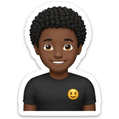 Generate a emoji of a black boy with dark skin, wearing a black compressed T-shirt, with short and very curly black hair sticker