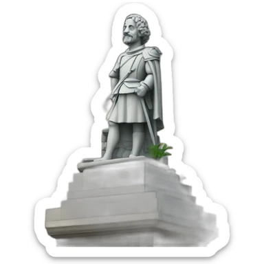 Estatua de Cervantes con torre de iglesia detrás y jardines sticker