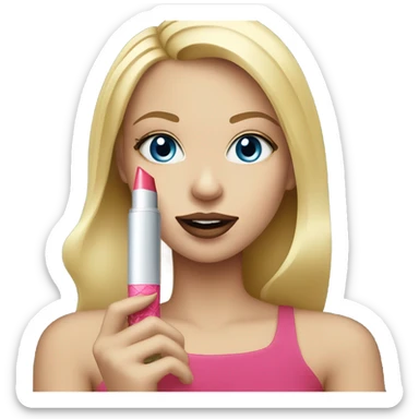 blue-eyed blonde girl holding lipstick sticker