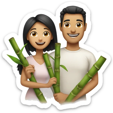 With white skin and black hair and happy face, mom, dad and daughter holding bamboo sticker