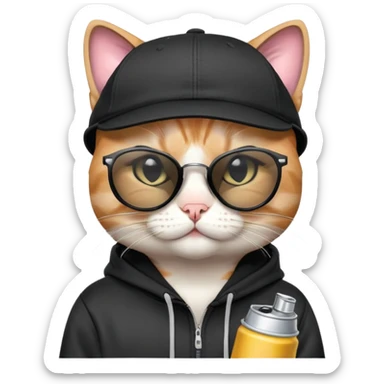 cat with one eye CLOSED in a CLEAR WINK, wearing black snapback cap and black hoodie, black sunglasses tilted low on nose, looking over the top of sunglasses at viewer with other eye open, holding spray paint can sticker
