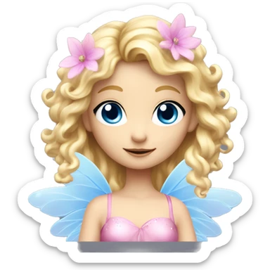 Fairy, a blonde hair with blue eyes and a pink dress with sparkly wings. Flowers. White wings. The fairy has long, curly hair with a lot of volume sticker