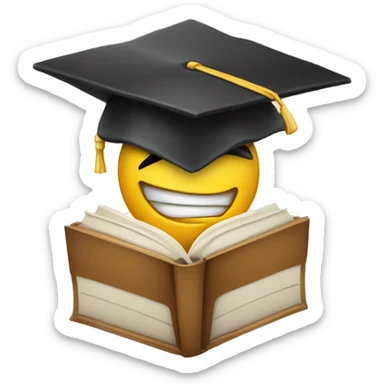 A smirking face holding a book. The emoji is wearing a graduation cap slightly tilted to one side sticker