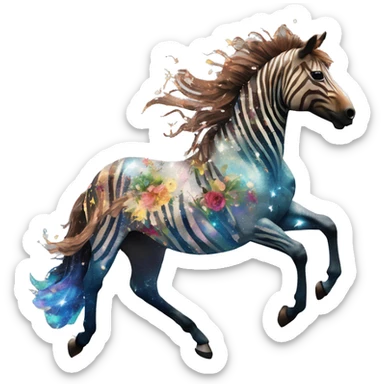 Ethereal zebra newspaper cutting flowers graffiti magazine collage glittering iridescent rich chestnut brown blue mane horse galloping through constellations and nebulas, unicorn Pegasus sticker