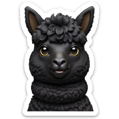 Cinematic Noble Black Alpaca Portrait Emoji, Poised and regal, with a striking, sturdy build and a sleek, well-groomed jet-black fleece, deep-set soulful dark eyes, Simplified yet sharp and sophisticated features, highly detailed, glowing with a soft, dignified glow, high shine, intelligent and mysterious, stylized with an air of elegant austerity, focused and attentive, soft glowing outline, capturing the essence of a watchful and confident companion, so majestic it feels as though it could stride out of the screen with effortless authority! sticker