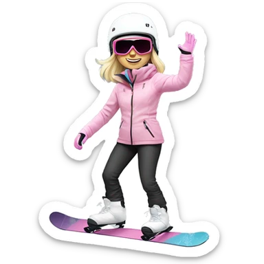 Blonde cute woman snowboarding with pastel colourd jacket, black pants and white helmet and pink googles sticker