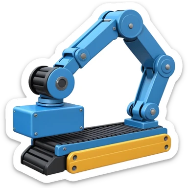 robot arm which is picking blue block on conveyor belt sticker