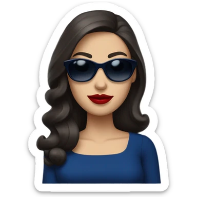 brunette in dark blue sunglasses, red lips and a dark blue dress sticker
