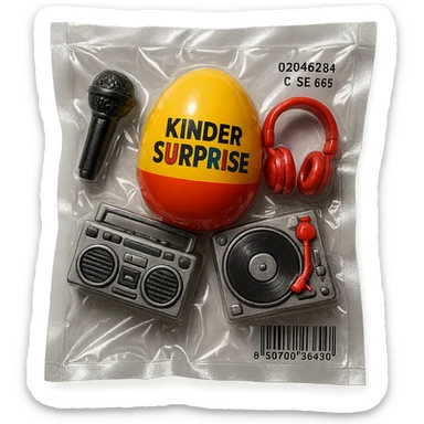 Kinder Surprise egg opened, showing toys including microphone, boombox, headphones, DJ turntable, shiny and inflated vacuum-sealed style sticker