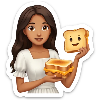 Beautiful woman in 1950’s woman fashion look, white dress, long dark brown hair, grilled cheese sandwiche sticker