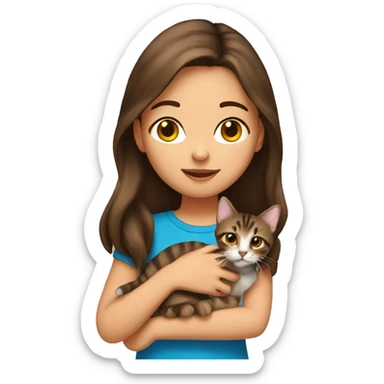 Brunette girl holding brown tabby kitten sticker