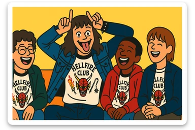 Eddie Munson from Stranger Things in vibrant toon style, wide aspect ratio (16:9), sitting with friends from Hellfire Club, laughing, lighter vivid colors and dark outlines. sticker