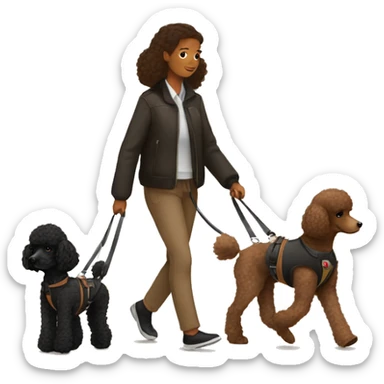 3 legs One Small unshaved Black Poodle with brown harness is walking with girl sticker