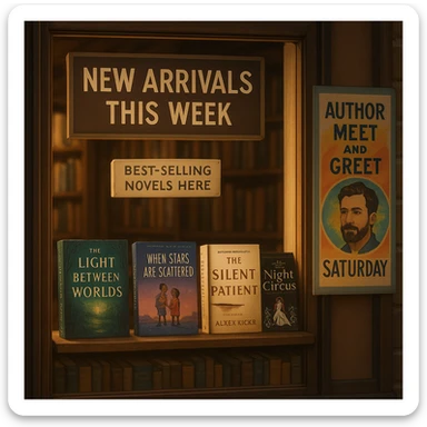 Bookstore window display. A sign displays “New Arrivals This Week”. Below, a shelf tag with the text “Best-Selling Novels Here”. To the side, a colorful poster advertises “Author Meet And Greet on Saturday” with a central portrait of the author. There are four books on the bookshelf, namely “The light between worlds” “When stars are scattered” “The slient patient” “The night circus” sticker