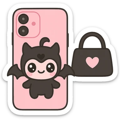 pink and black gothic phone case, kawaii style, big eyes, bat wings, smiling, cartoonish, playful, matches gothic purse sticker