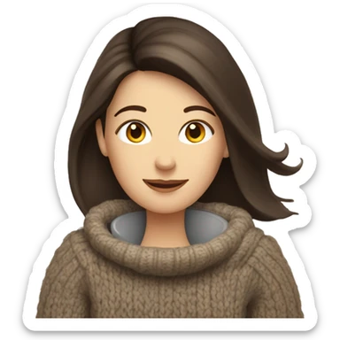 White woman with long straight dark brown hairs in a cozy sweater with a cup of tea sticker