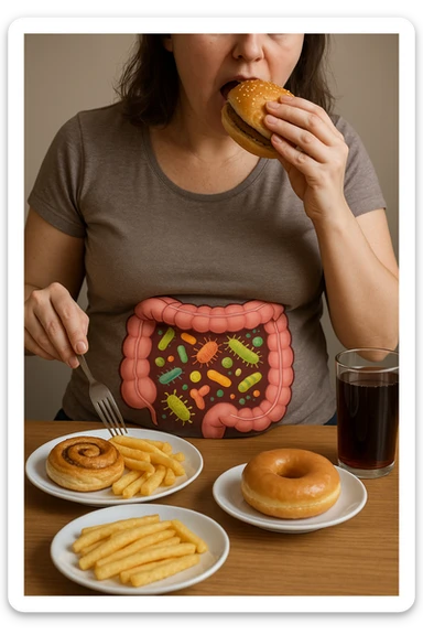 donna con batteri cattivi pieni nel suo intestino immagini realistiche mangia alimentazione ricca di glutine e zuccheri alimentando tutti i batteri cattivi sticker