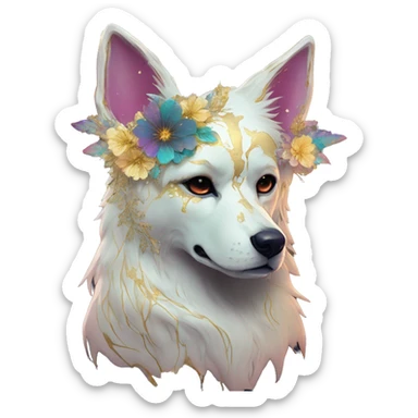 iridescent kintsugi fluffy zombie dog fox head zombie skull skeleton gold mechanical nebula galaxy stars colorful flowers fairy lights vintage zombie sticker