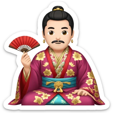 Wealthy warlord in ornate kimono, crest on chest, seated with fan in hand. sticker