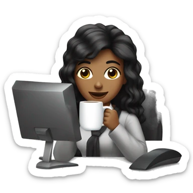 Secretary black hair computer and drinking coffee sticker