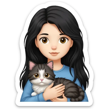 Long black hair girl holding a haired tabby cat sticker