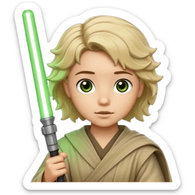 Young jedi with dark brown eyes and sandy blonde wavy short hair holding a green light saber.  sticker