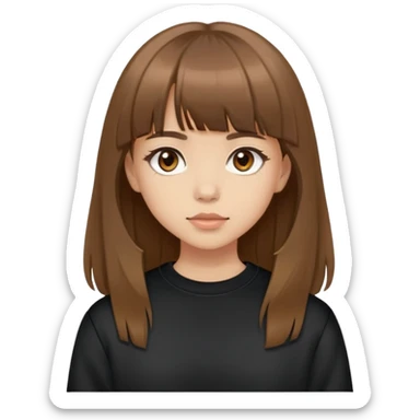 Light skinned girl with brown eyes, long brown hair with bangs, wearing a black sweatshirt sticker