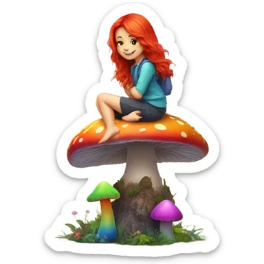 Red haired girl sat on a rainbow coloured mushroom sticker