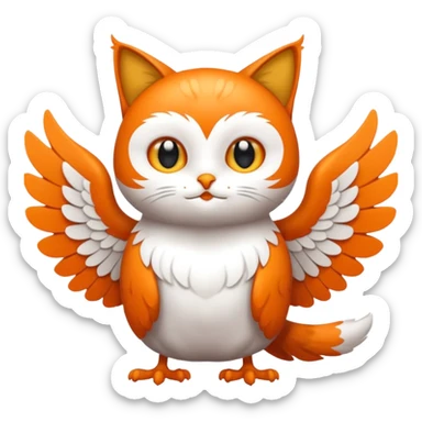crea un gato con alas de búho con pelaje color naranja y blanco sticker