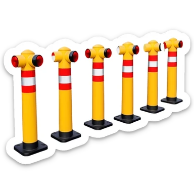 A boundary marked by a series of warning bollards lined up in a row, creating a clear division, with caution signs emphasizing the restricted area sticker