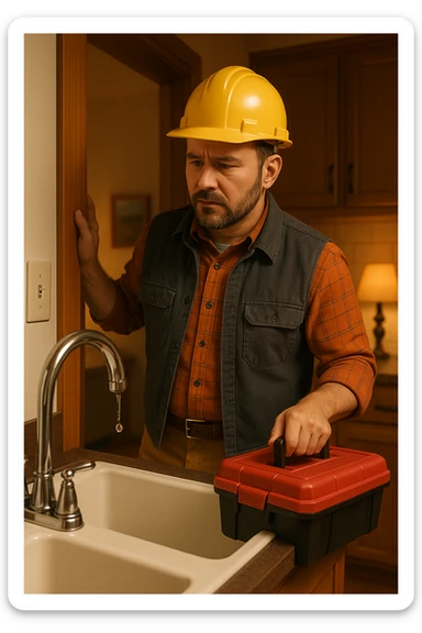 Vertical format, same scene: construction worker entering home, toolbox in hand, noticing leaky faucet, cozy home environment. Version 2 with different lighting or angle. sticker