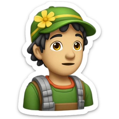 Chavo de camisa verde con flores pequeñas amarillas de cabello negro y tez claro medio triste  sticker