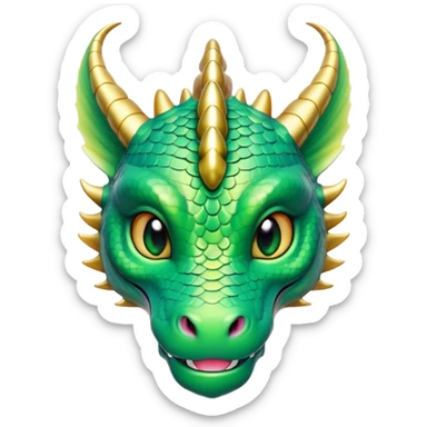 Cinematic Cute Dragon Portrait Emoji, Head tilted playfully and inquisitively, featuring a sleek, serpentine form adorned with iridescent scales that shift between emerald and gold, a delicate set of subtle horns, and round, sparkling eyes full of curious magic; rendered with realistic detail and warm natural light, high shine, affectionate and enchanting, styled with a touch of whimsical fantasy, soft glowing outline, capturing the essence of a mischievous yet lovable dragon that seems poised to slither playfully into your arms! sticker
