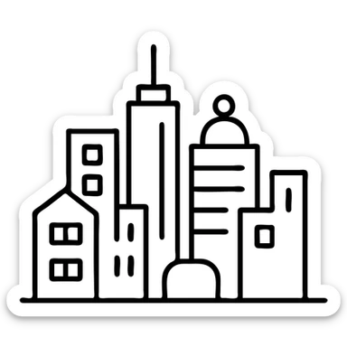 A modern city skyline with various buildings and urban infrastructure sticker
