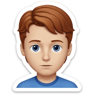 Please generate a portrait of a boy. He has light brown to reddish-brown wavy hair, a right side parting, slightly longer sideburns, blue eyes, a snub nose, and a somewhat pronounced pout. sticker