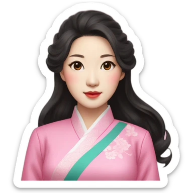 Go Yoon Jung with wavy black hair posing with pink ao dai sticker