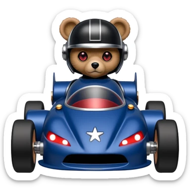 Real-looking dark blue and rosegold-accented  racing car for furry-faced  evil alien scary robot teddy bear with rear spoiler (Star Wars style) sticker