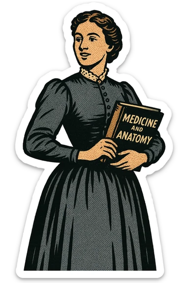 The full body of a victorian lady like Elizabeth Garrett Anderson holding a book about Medicine and Anatomy sticker