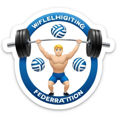 An emblem representing the World Weightlifting Federation with a stylized barbell and global elements. Bold text and clean lines symbolize strength, unity, and competition. Modern, dynamic design with a transparent background. sticker