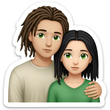 couple holding eachother. boy is light skinned, short brown dreads, and green eyes.girl is light skinned, long black hair slicked straight, and brown eyes. sticker