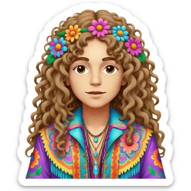 Create a 3D ultra detailed psychedelic colored hippie style flower border with a gorgeous hippie in the center with long curly hair and a fringed jacket sticker