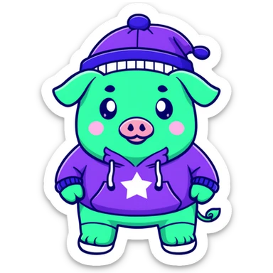 A green pig, in a purple sweatshirt, with a purple cap with a pattern of stars on his head sticker