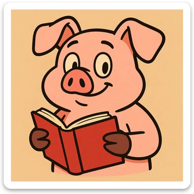 charming pig character holding a book, playful and cute, app icon for animal study sticker