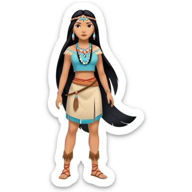 full body Pocahontas with Native American dress, long black hair, minimal style sticker